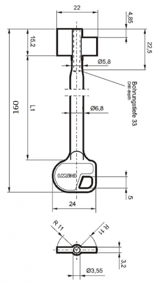 Заготовка ключа Cawi-8249-000-0 (L=160мм) (D=5.8х3.55мм) (B=15.2х22мм)
